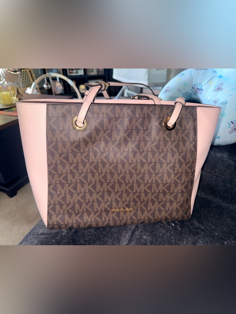 Michael Kors Brown MK Logo Tote with Pink Trim and Gold Hardware